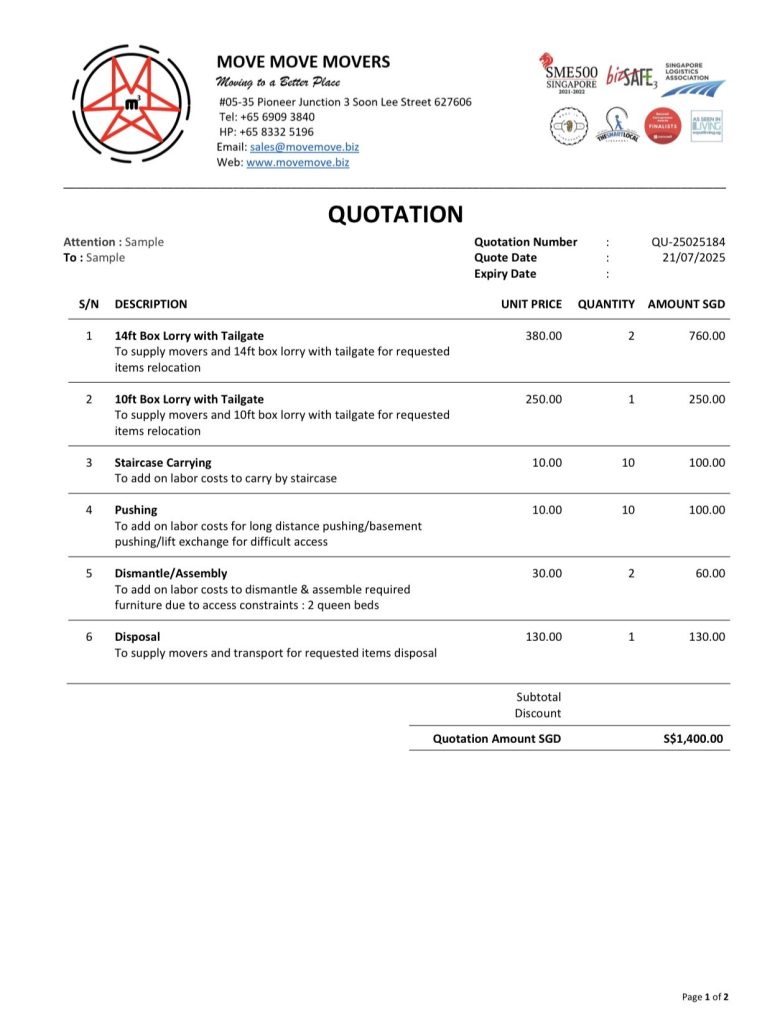 Move move movers – sample moving quotation – move move movers – move move movers Sample moving quotation from Move Move Movers showing transparent itemized pricing